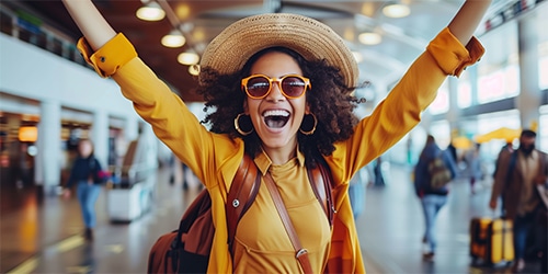 excited woman traveler in airport