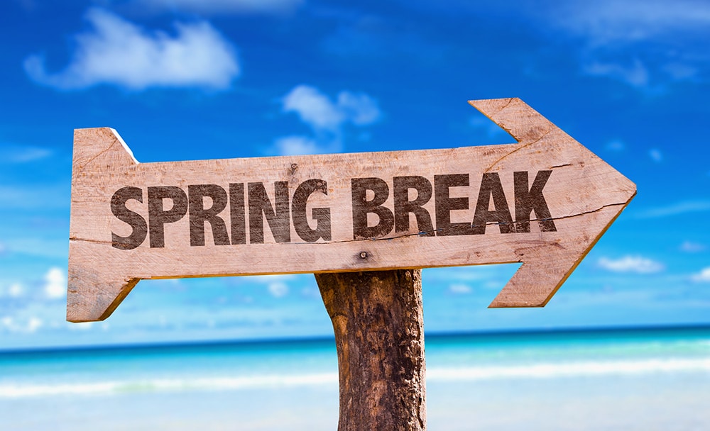 Wooden sign pointing to spring break at the beach.