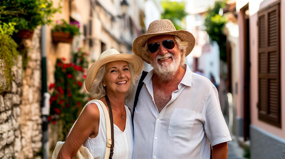 Mature white female physician checking male patients blood pressure at clinic Retirement travel trends and travel insurance